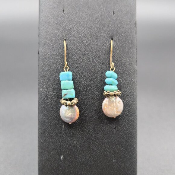 Jewelry - Copper Genuine Pearl With Turquoise Stones Dangle Earrings A6093
